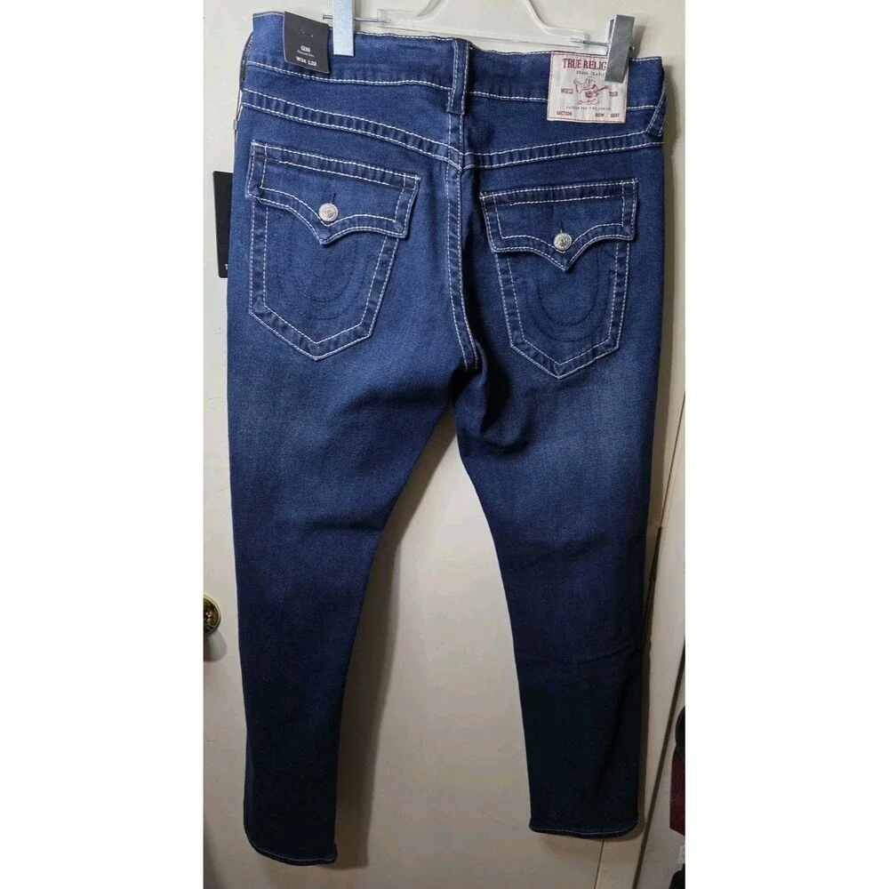 NWT True Religion Jeans Geno Big T Flap Slim Medium Lagoon Wash 34 x 32 Blue